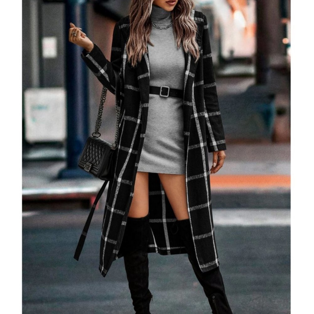 Contemporary Black white Plaid Print Shawl Collar Belted Overcoat Jacket Coat - Picture 6 of 7
